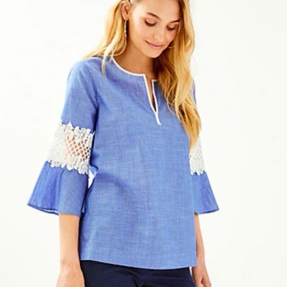 Lilly Pulitzer Crochet-Sleeve Tunic blue lightweight Top Large